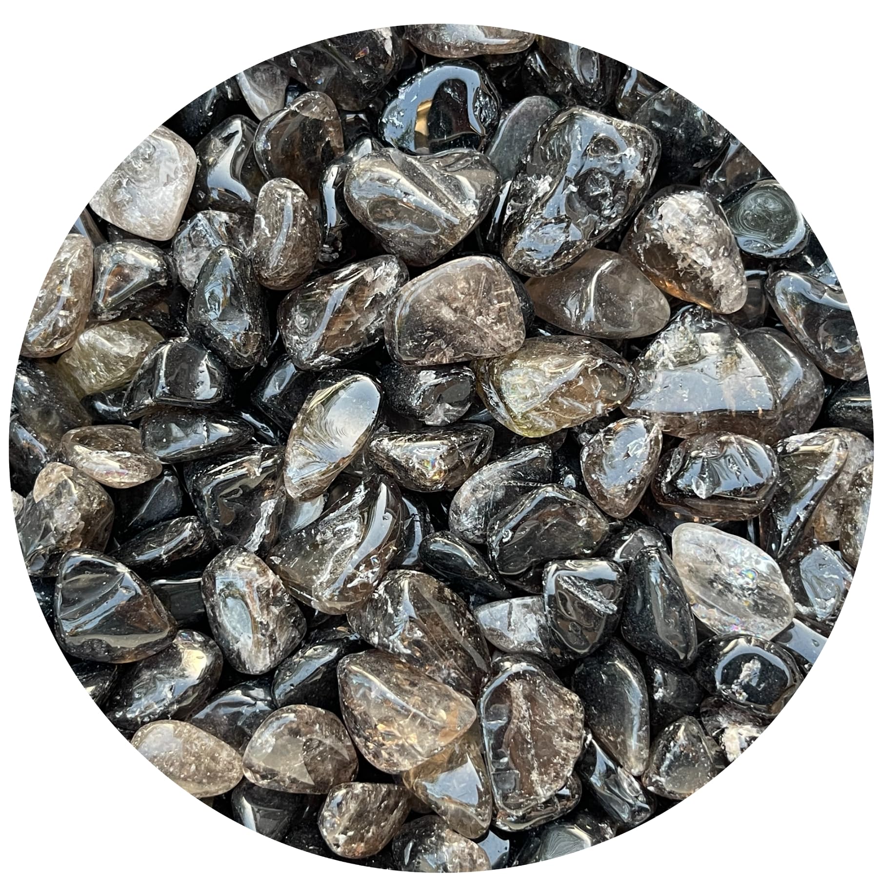GAF Treasures smoky quartz tumbled stones close-up for meditation and balance.