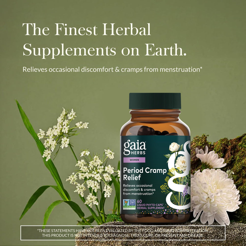 Gaia Herbs Cramp Relief bottle back detailing ingredients and usage guidance