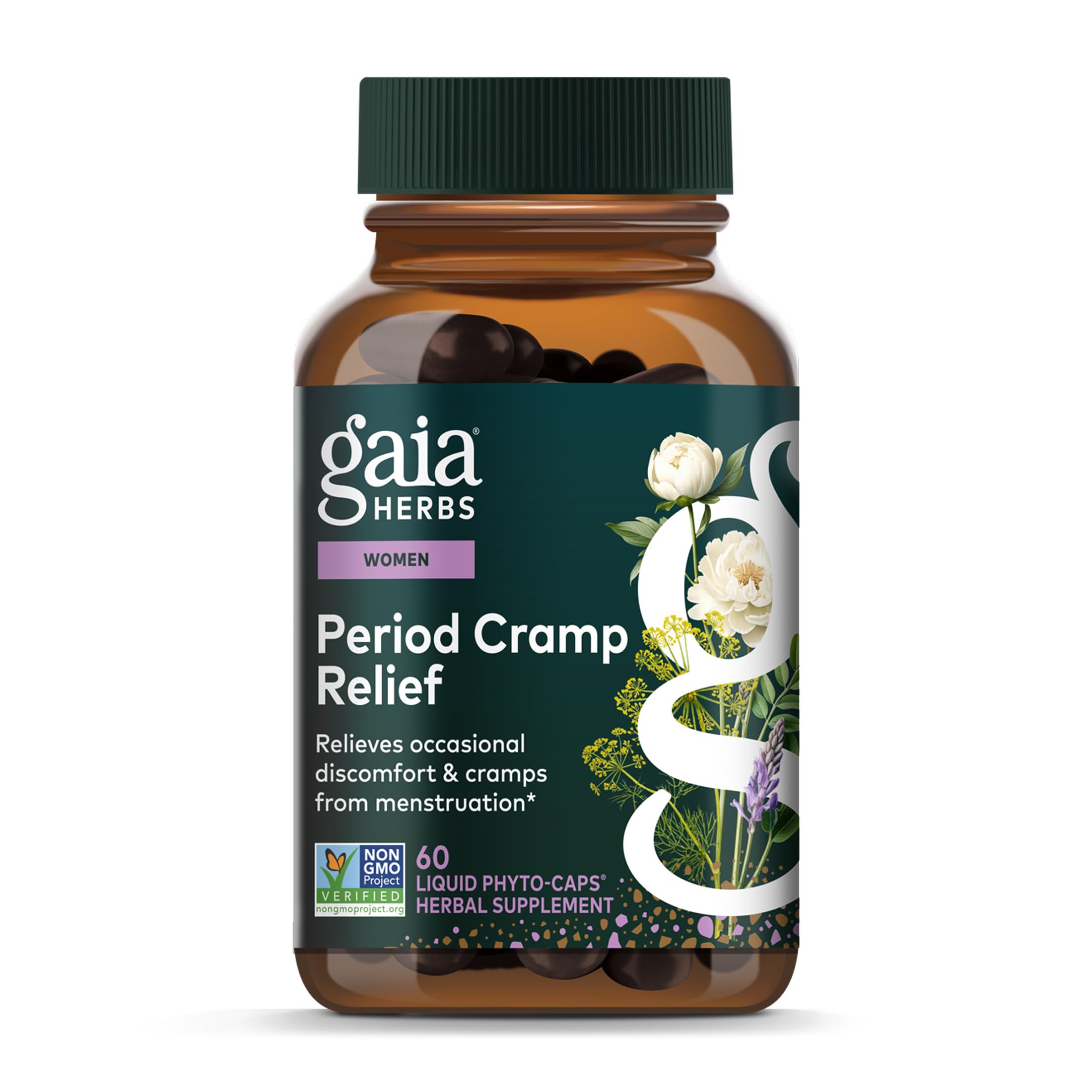 Gaia Herbs Cramp Relief bottle front showing menstrual comfort with vegan capsules