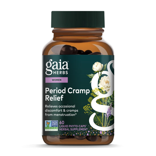 Gaia Herbs Cramp Relief bottle front showing menstrual comfort with vegan capsules
