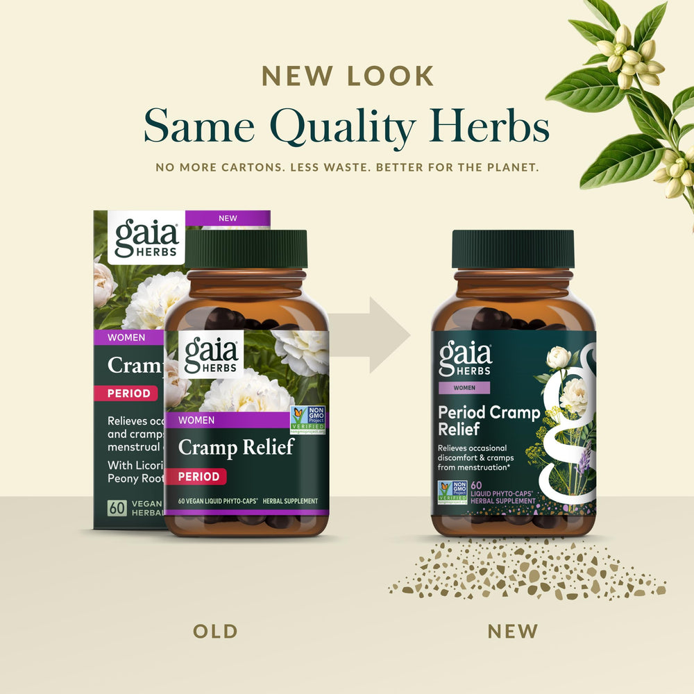 Gaia Herbs Cramp Relief ingredients list visual focusing fennel and ginger