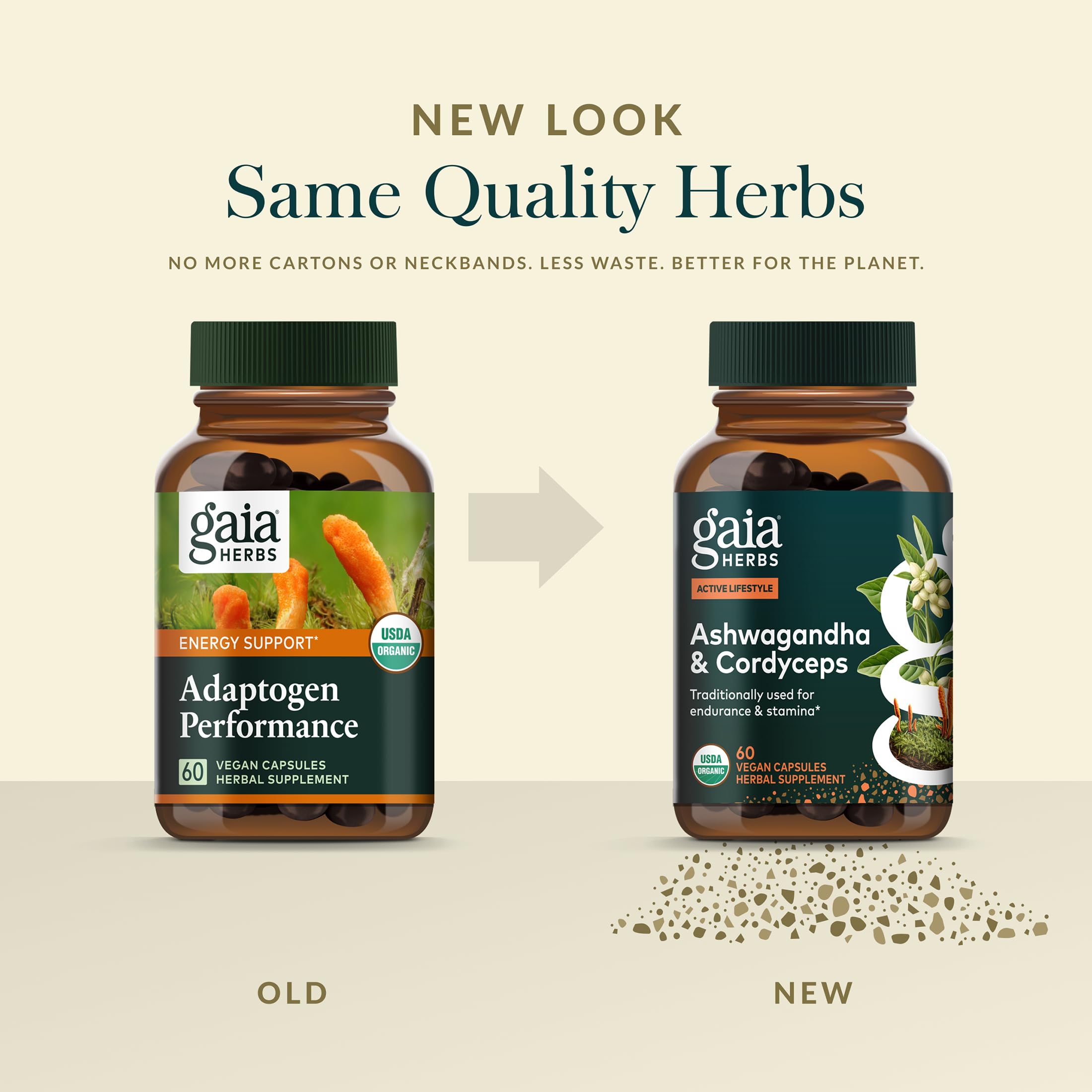 Adaptogen Performance dispensing bottle shown with capsules ready to take