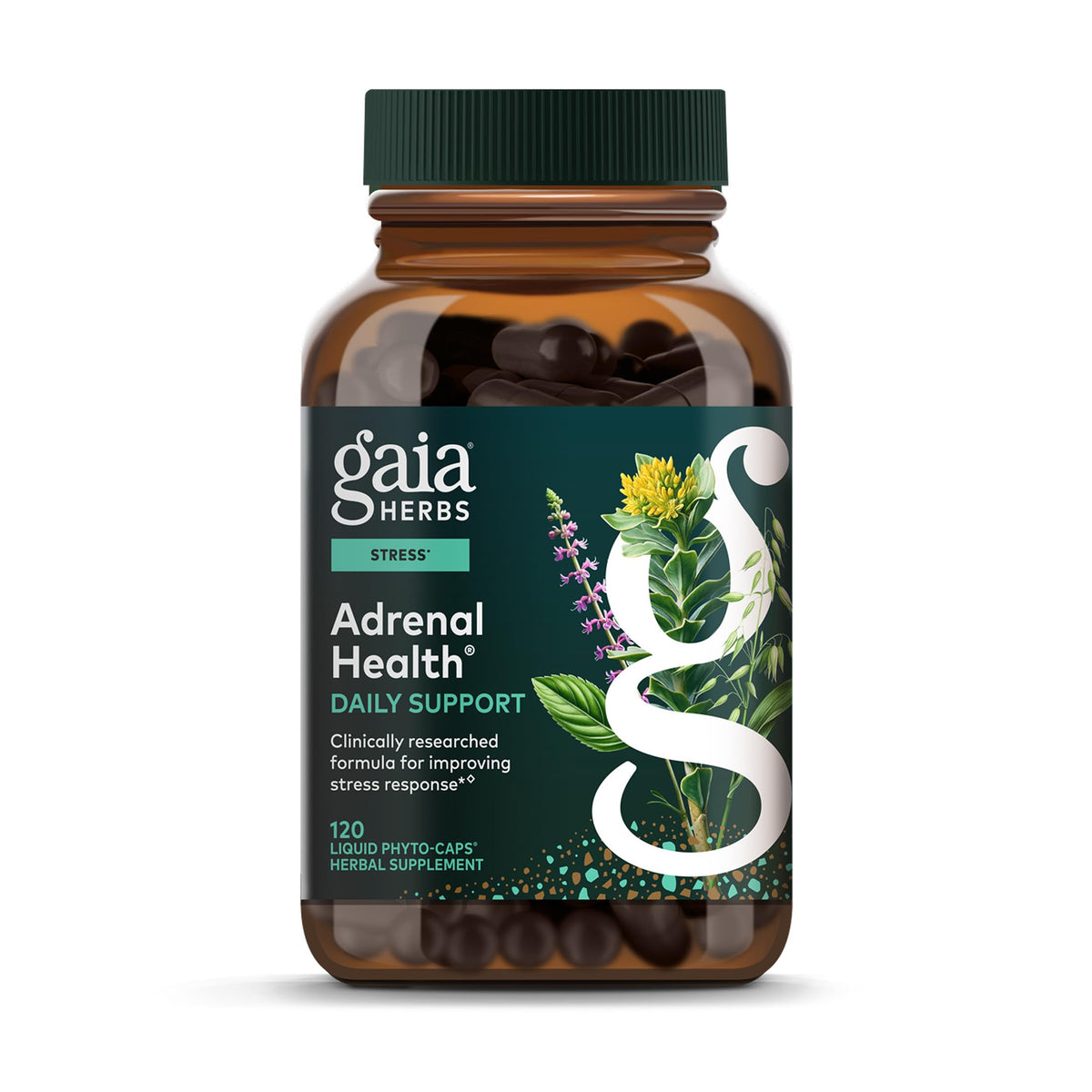 Gaia Herbs Adrenal Health Daily Support bottle and label highlighting adaptogenic blend.