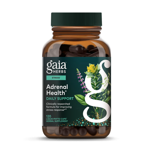 Gaia Herbs Adrenal Health Daily Support bottle and label highlighting adaptogenic blend.