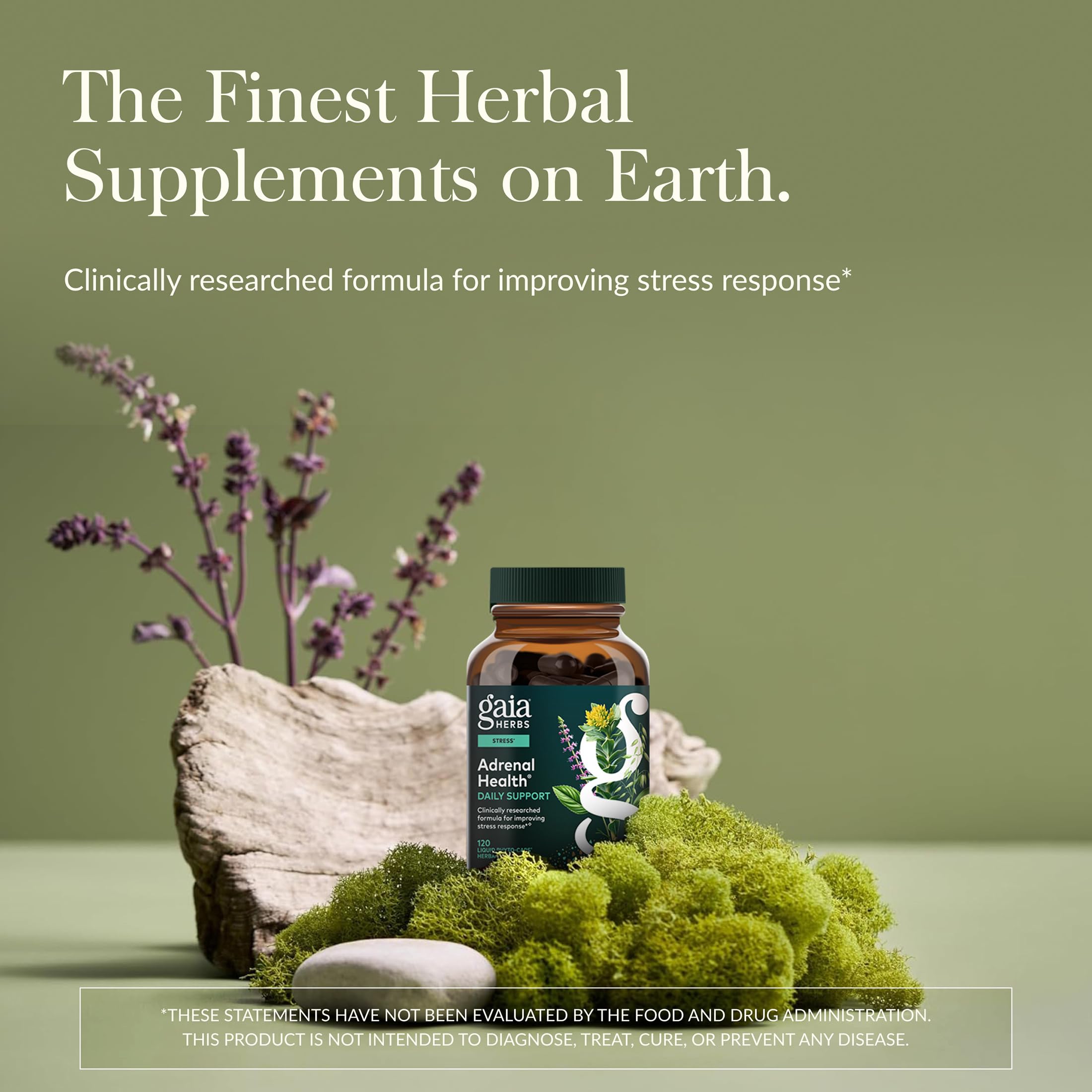 Gaia Herbs Adrenal Health Daily Support capsules close-up for energy balance.