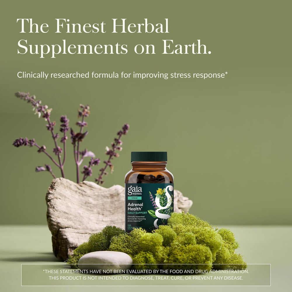 Gaia Herbs Adrenal Health Daily Support capsules close-up for energy balance.