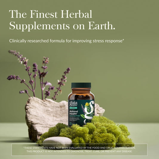 Gaia Herbs Adrenal Health Daily Support capsules close-up for energy balance.