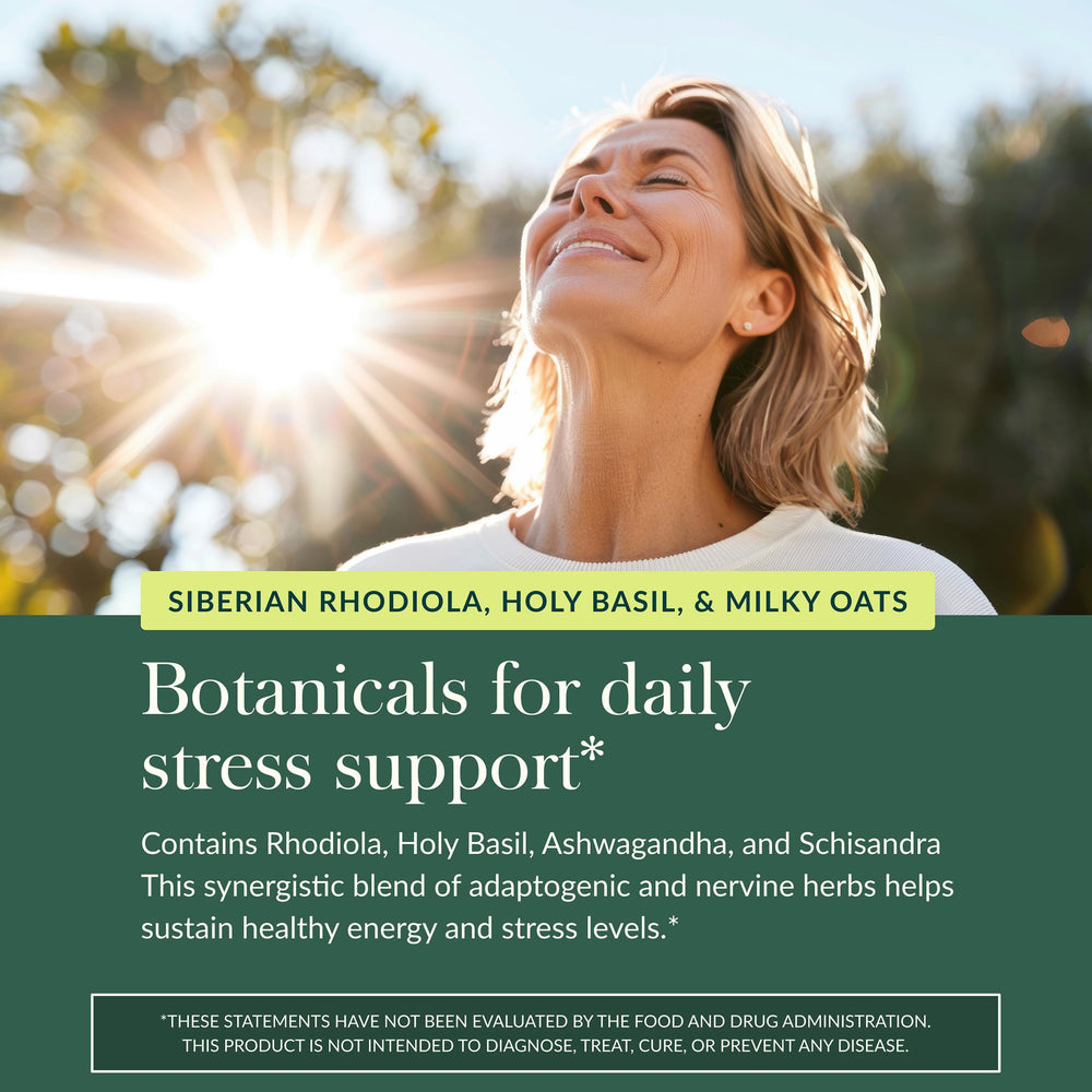Gaia Herbs Adrenal Health Daily Support herbal blend close-up with ashwagandha.