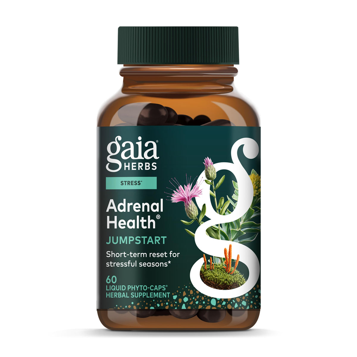 Gaia Herbs Adrenal Health Jumpstart bottle label highlights daily stress support
