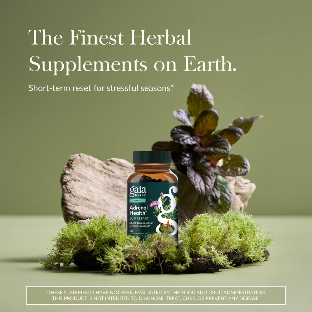 Close-up of Gaia Herbs Adrenal Health Jumpstart capsules for daily energy balance