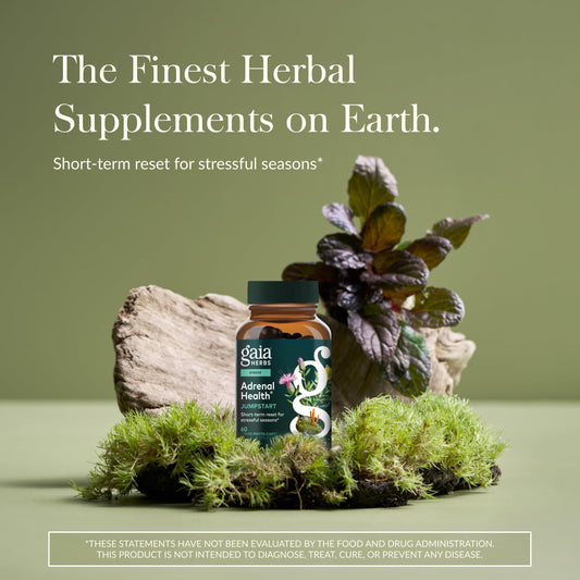 Close-up of Gaia Herbs Adrenal Health Jumpstart capsules for daily energy balance