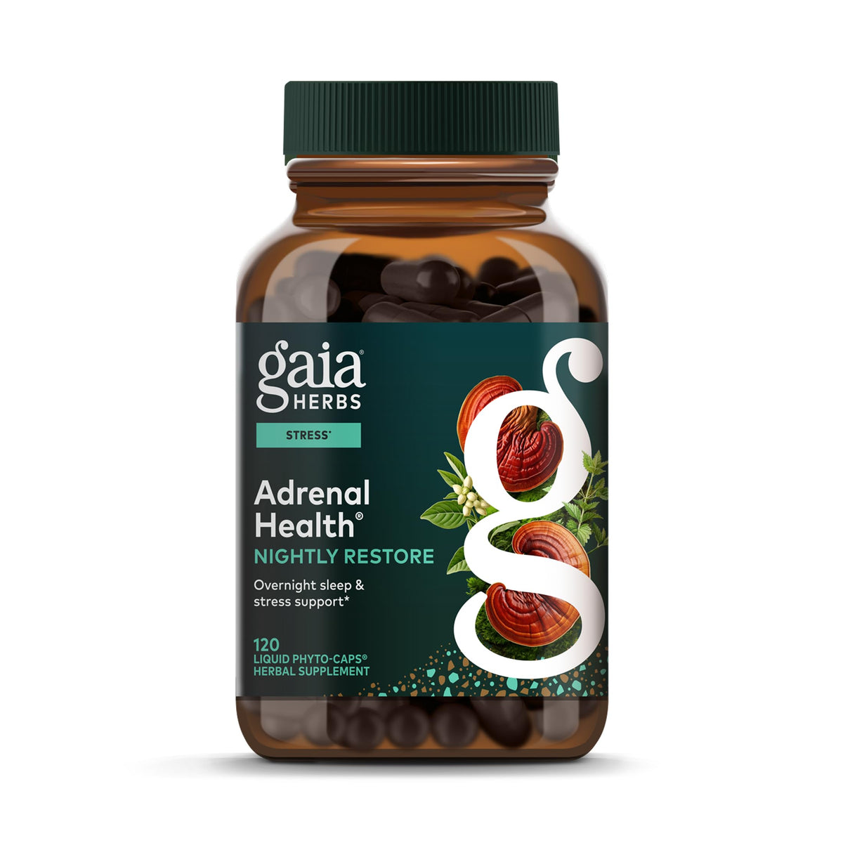 Gaia Herbs Adrenal Health Nightly Restore bottle pour promotes a calming nightly routine