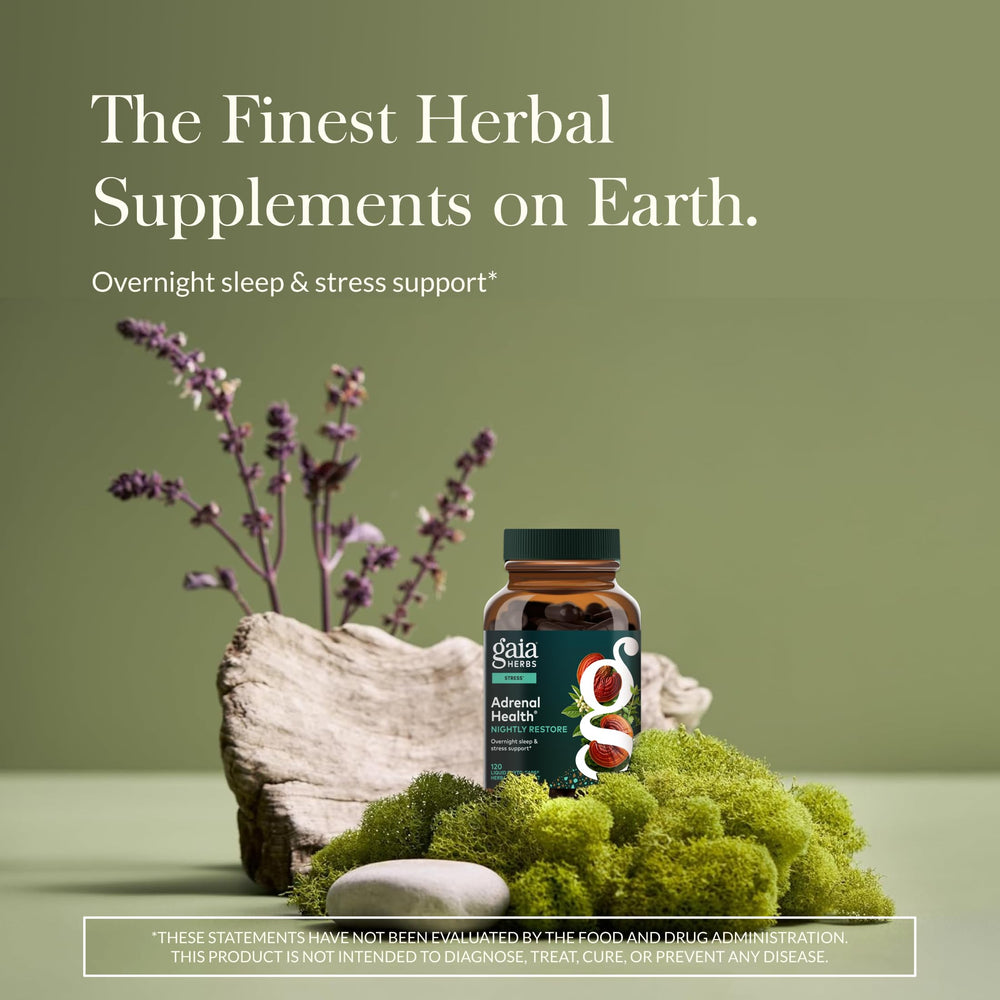 Gaia Herbs Adrenal Health Nightly Restore label close-up highlights the herbal blend