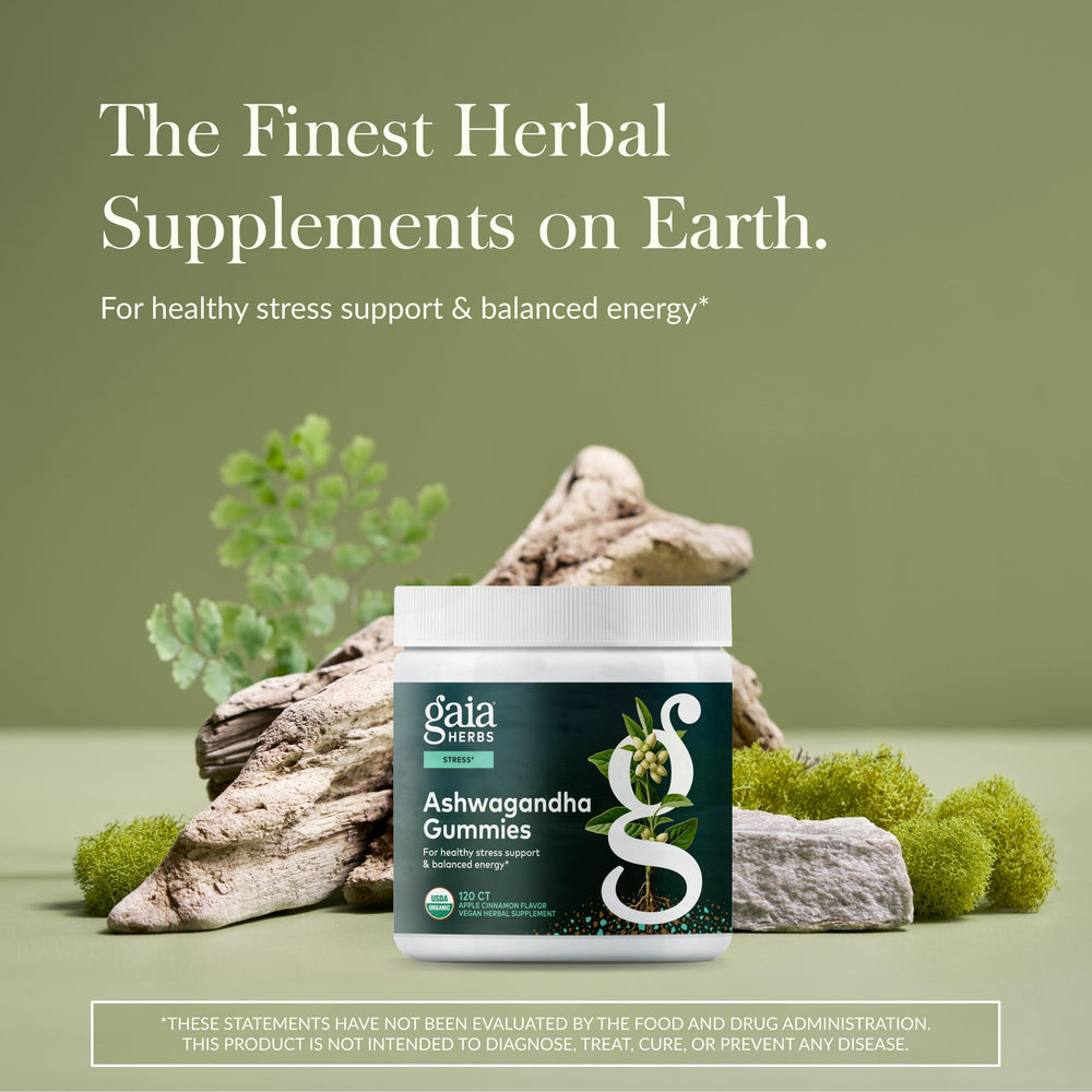 Gaia Herbs Ashwagandha Gummies bottle back showing ingredients and serving size.