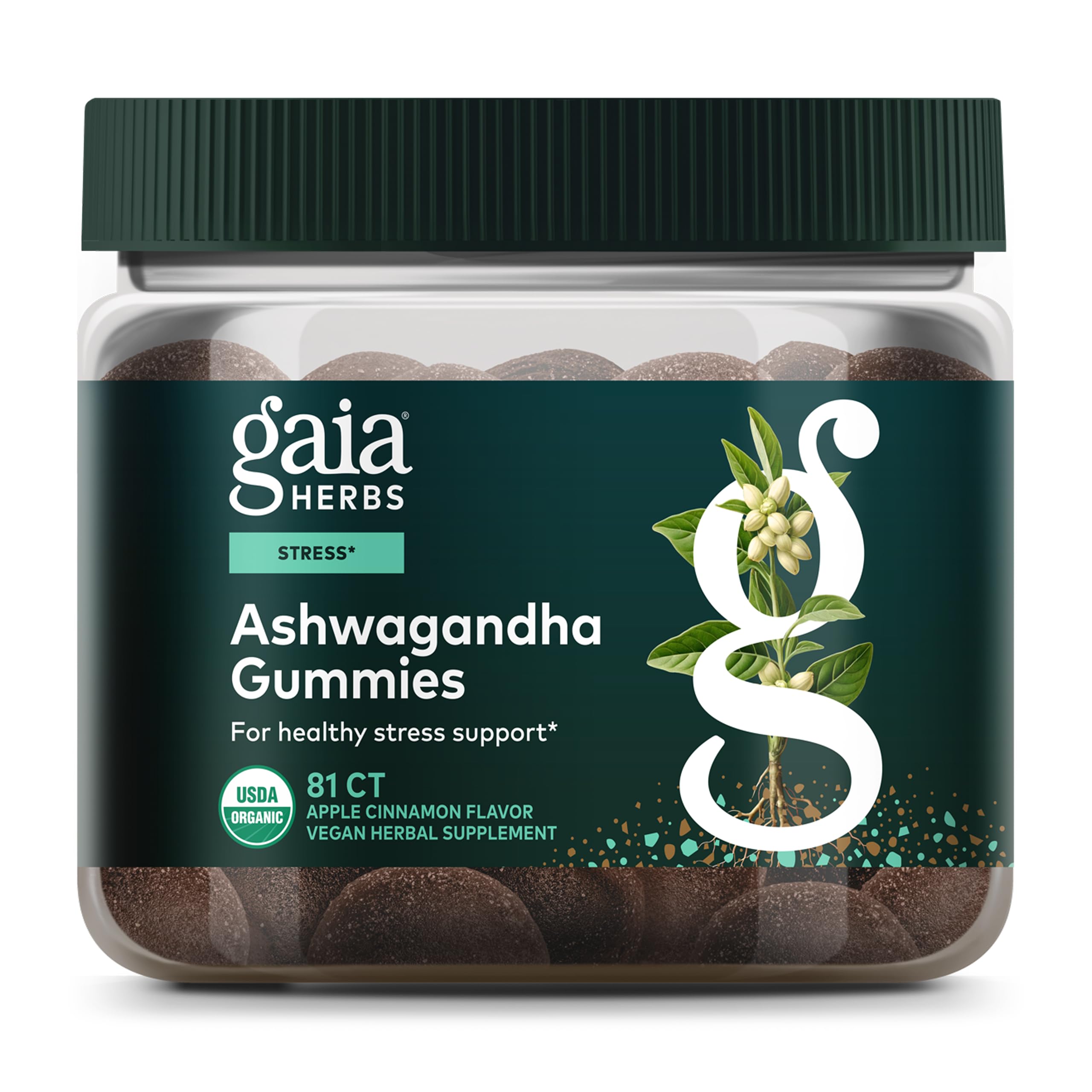 Gaia Herbs Organic Ashwagandha Gummies bottle for convenient stress support.
