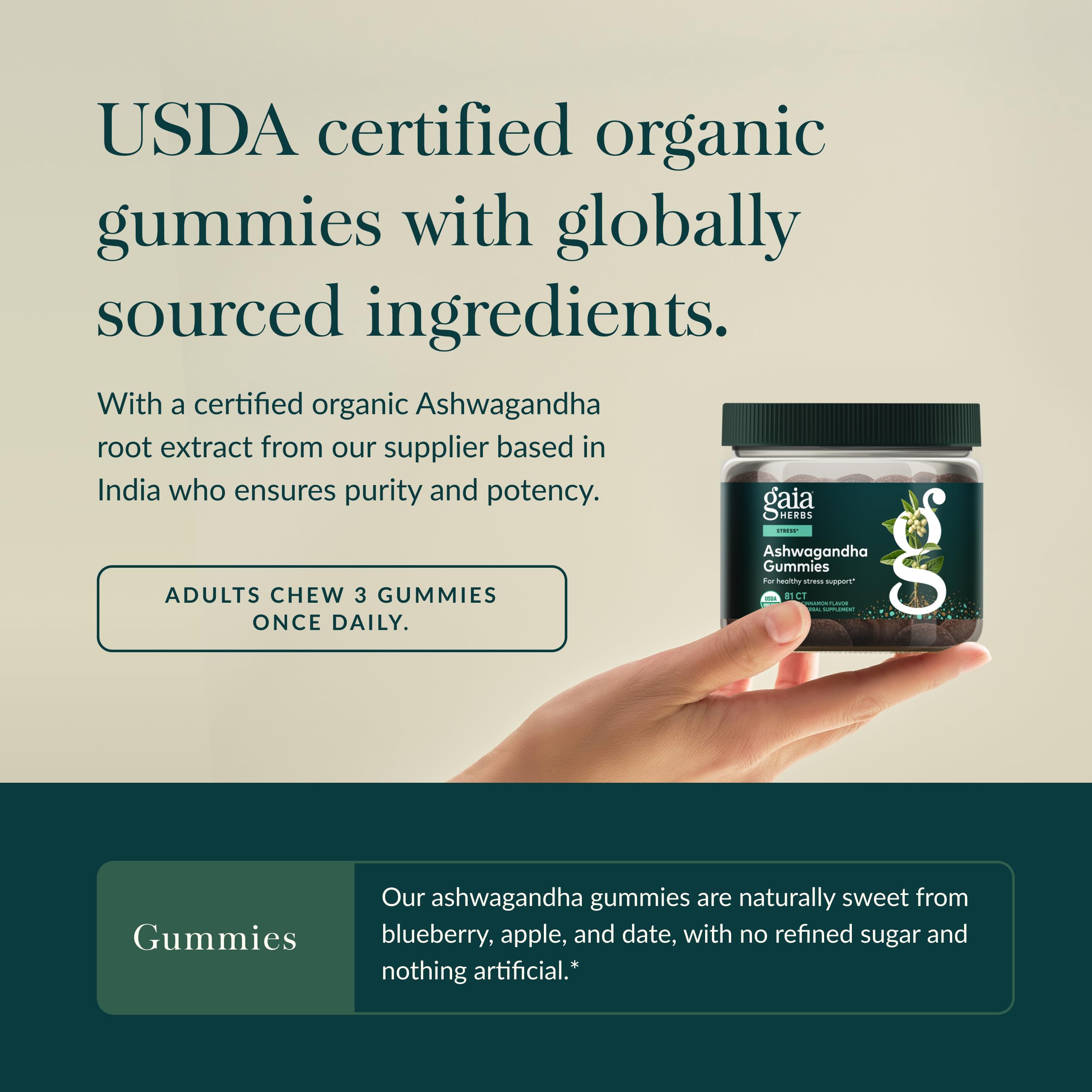 Gaia Herbs Ashwagandha Gummies with cinnamon and ginger aroma for flavor.