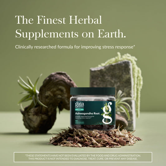 Gaia Herbs Ashwagandha root capsules shown for sleep support.