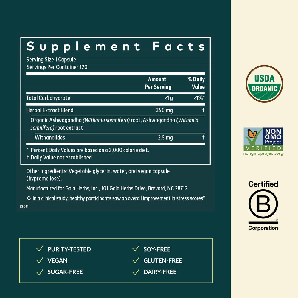 Gaia Herbs Ashwagandha Root packaging emphasizing sustainable sourcing
