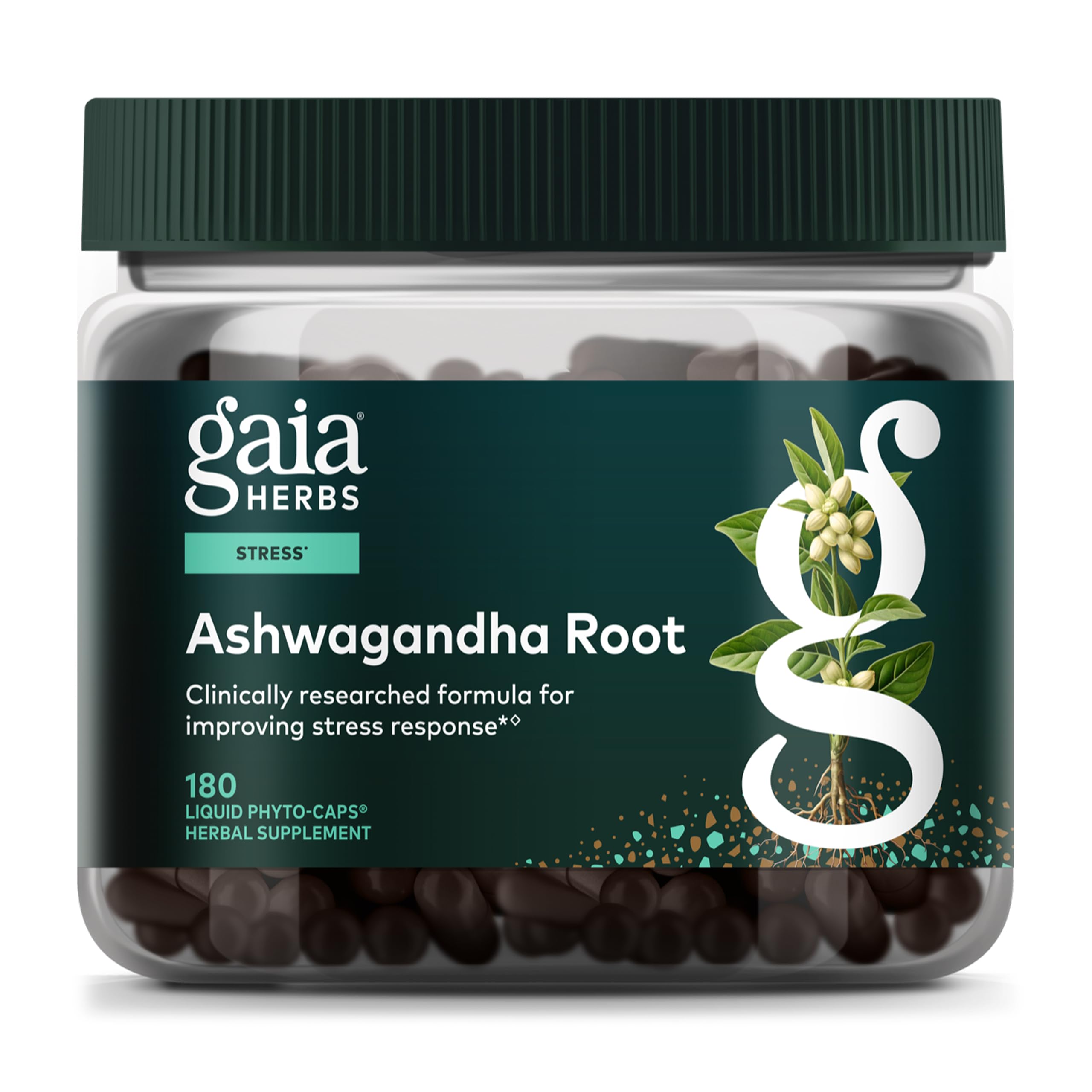 Gaia Herbs Ashwagandha root bottle for stress support and calm energy.
