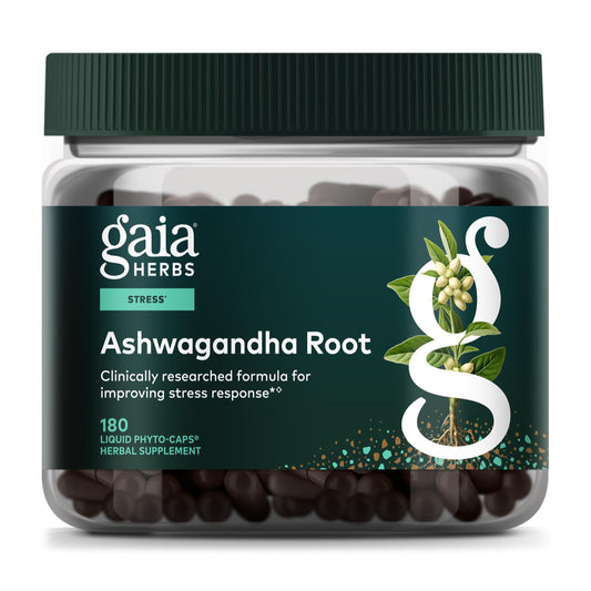 Gaia Herbs Ashwagandha root bottle for stress support and calm energy.