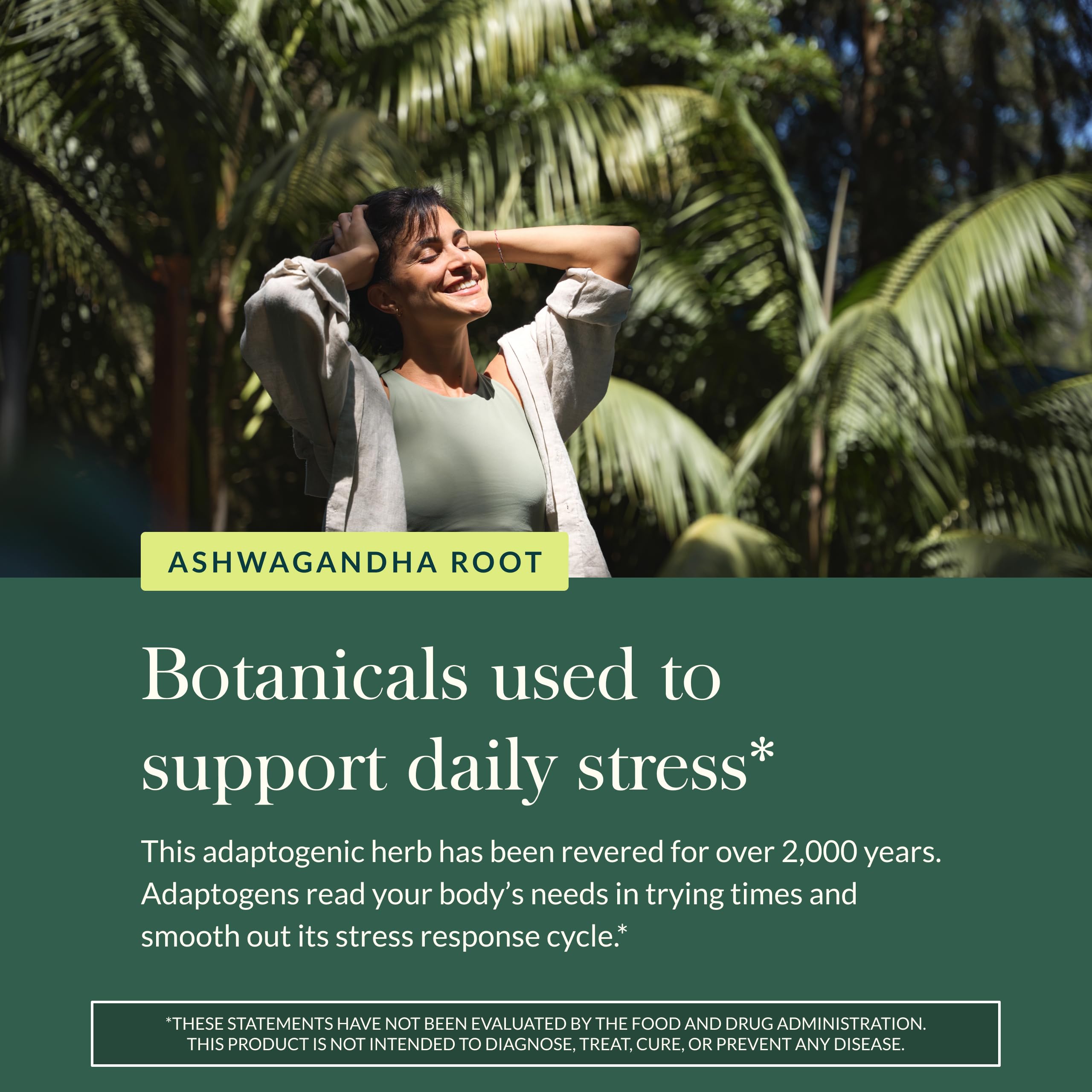 Gaia Herbs Ashwagandha Root label highlights stress-relief note
