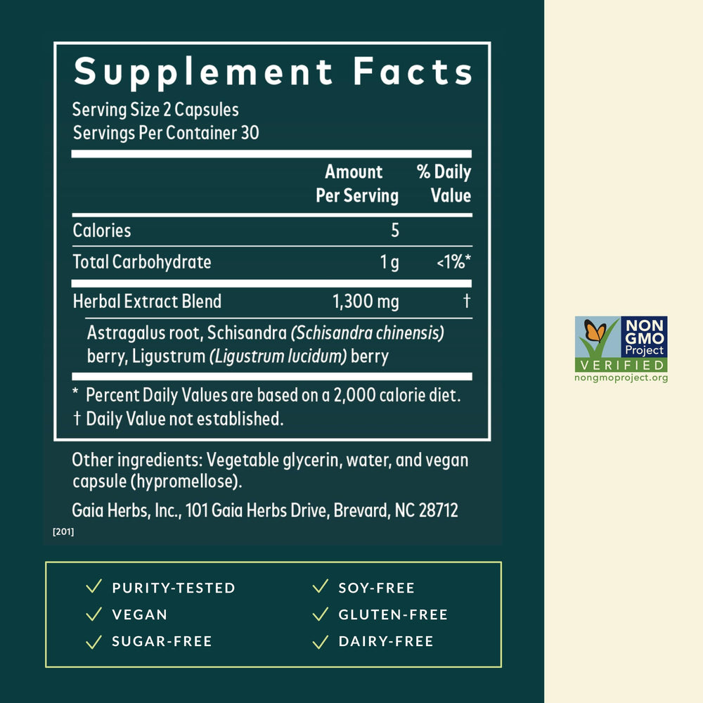 Gaia Herbs Astragalus Supreme label highlighting ingredients and purpose.