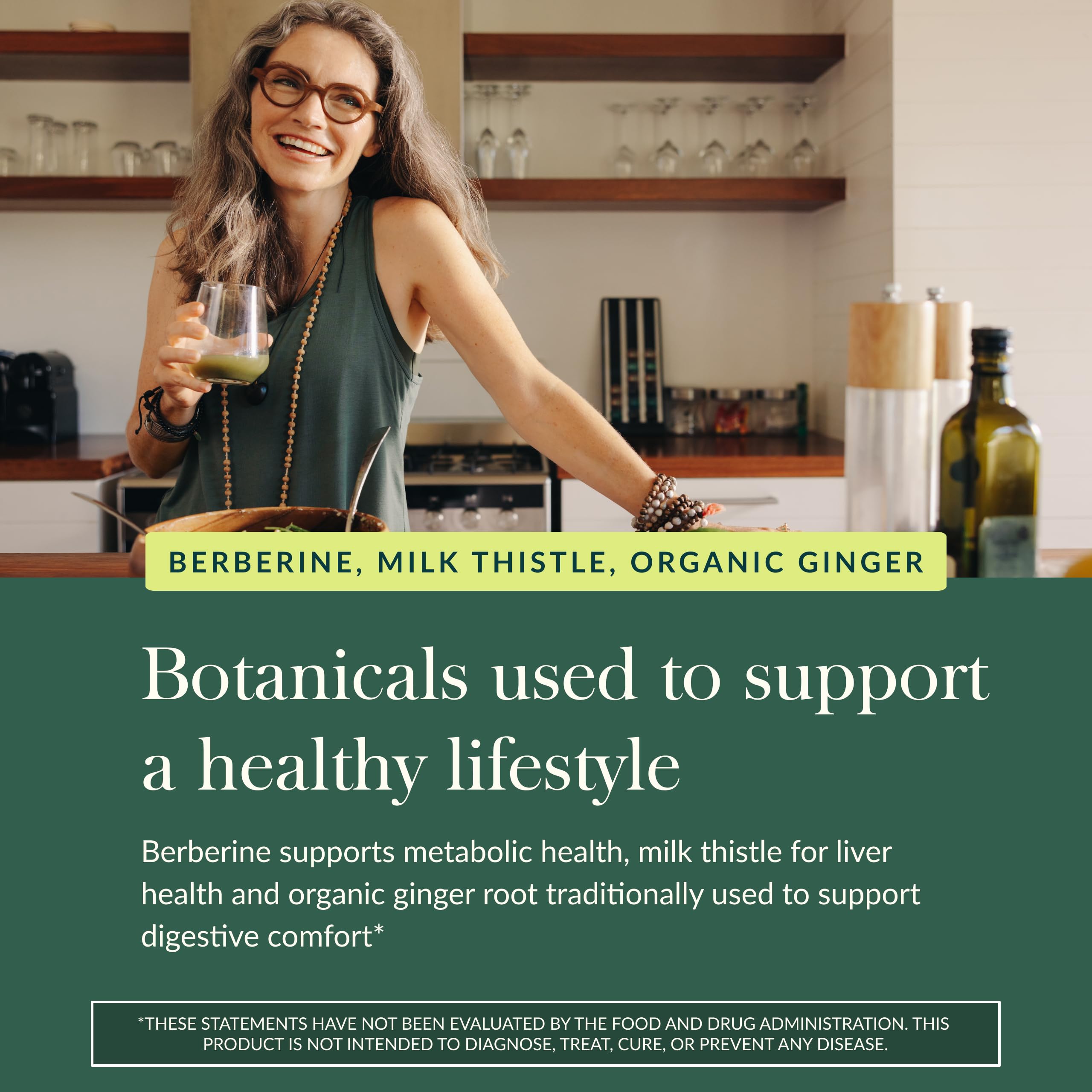 Gaia Herbs Berberine & Milk Thistle ingredients illustrate organic ginger root.