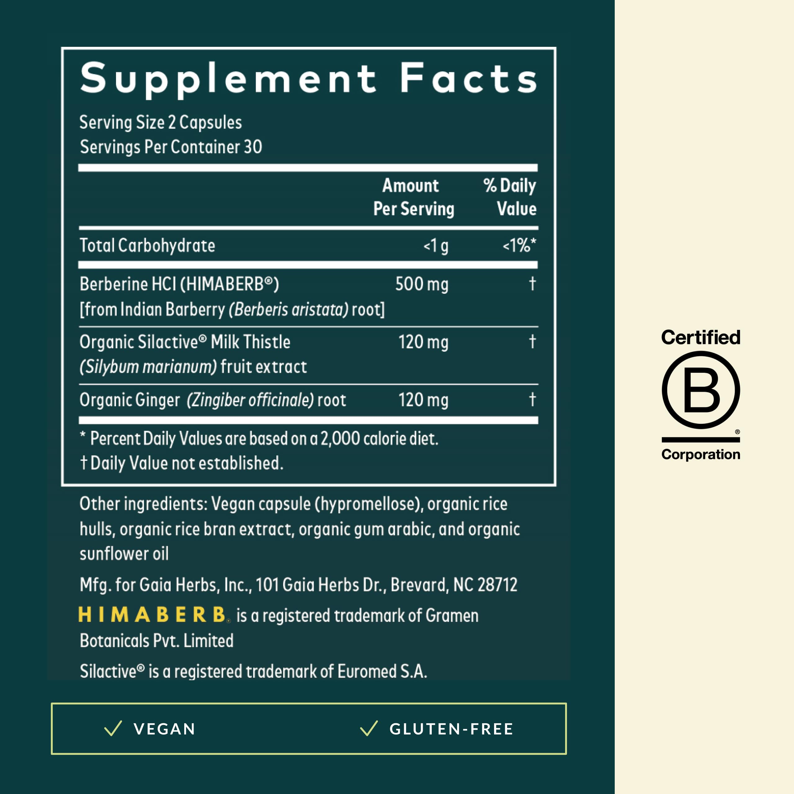 Gaia Herbs Berberine & Milk Thistle pour reveals daily capsules for metabolism.