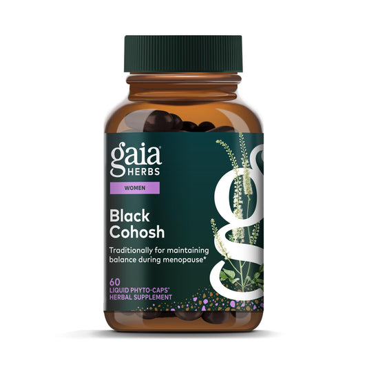 Gaia Herbs Black Cohosh bottle label showing 60 vegan capsules for menopause support