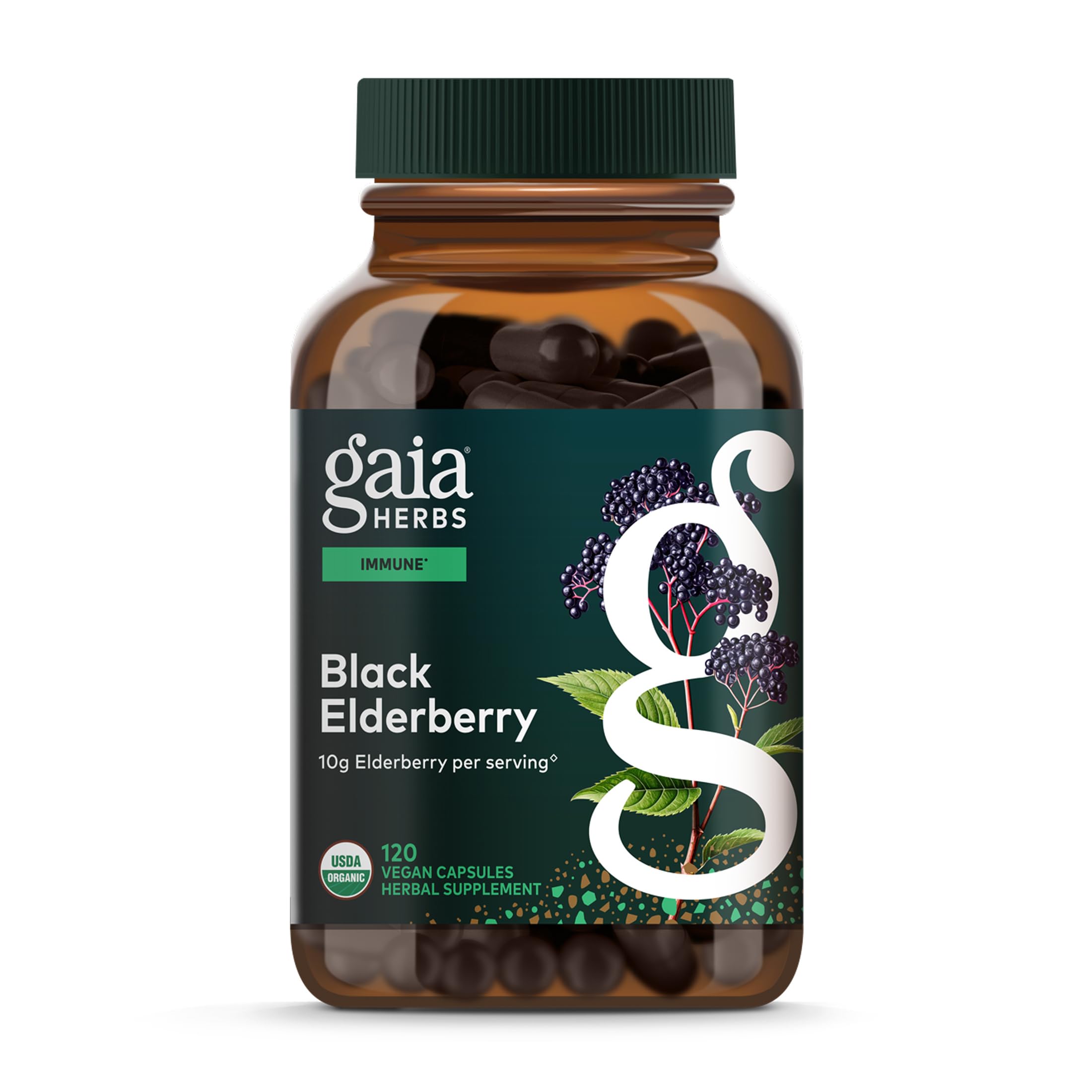 Gaia Herbs Black Elderberry bottle label shows natural ingredients for daily immune support