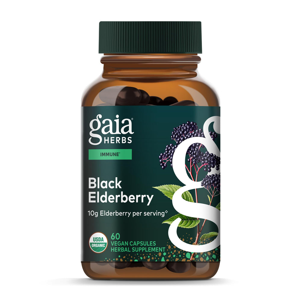 Gaia Herbs Black Elderberry bottle showing high potency elderberry extract for daily immune support.