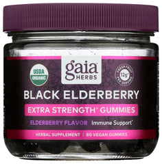 Gaia Herbs Black Elderberry gummies bottle front highlighting potent immune support potential