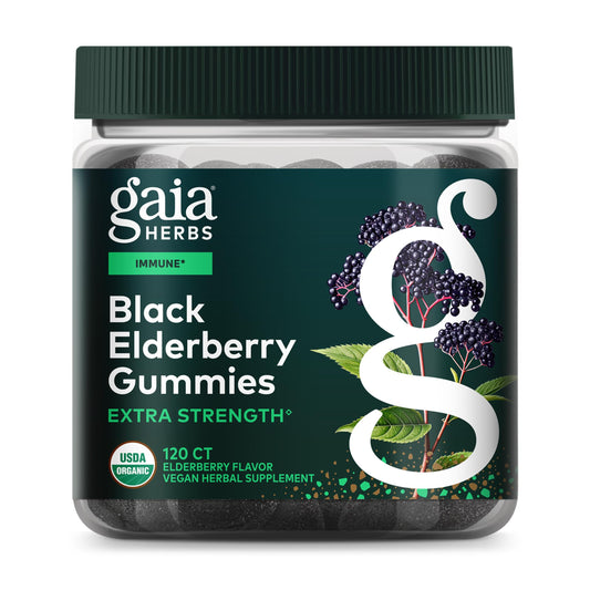 Gaia Herbs Black Elderberry gummies bottle for daily immune support.