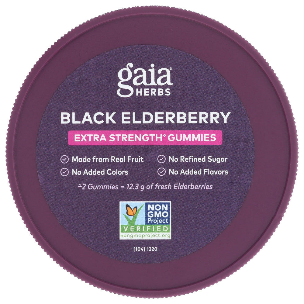 Gaia Herbs Black Elderberry gummies closeup reveals chewy texture and rich berry flavor