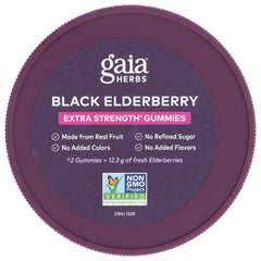 Gaia Herbs Black Elderberry gummies closeup reveals chewy texture and rich berry flavor