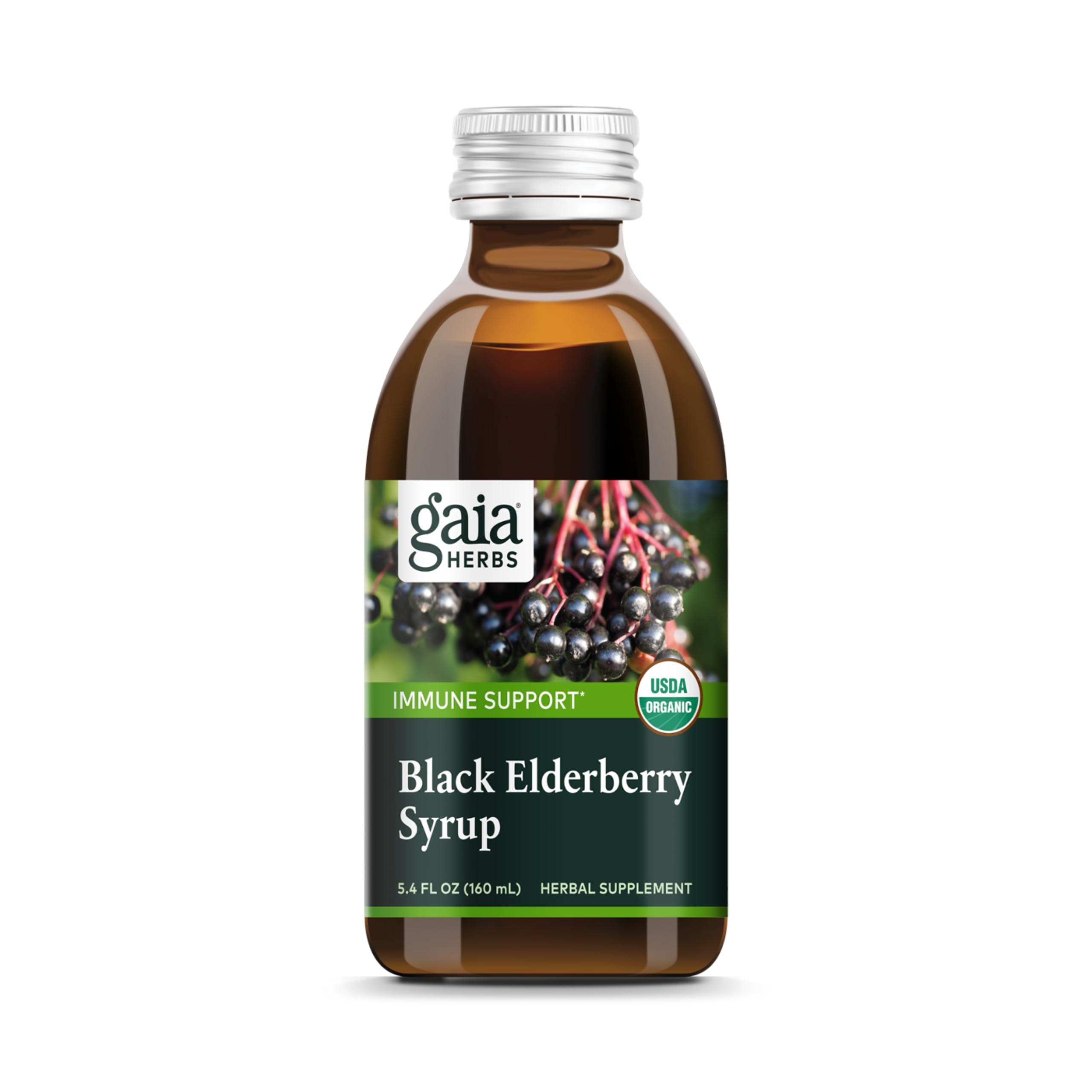 Gaia Herbs Black Elderberry Syrup bottle showing organic immune-support daily tonic