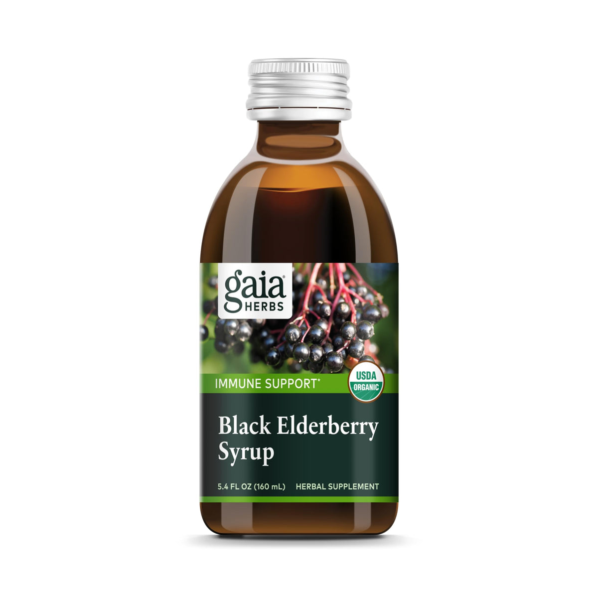 Gaia Herbs Black Elderberry Syrup bottle showing organic immune-support daily tonic