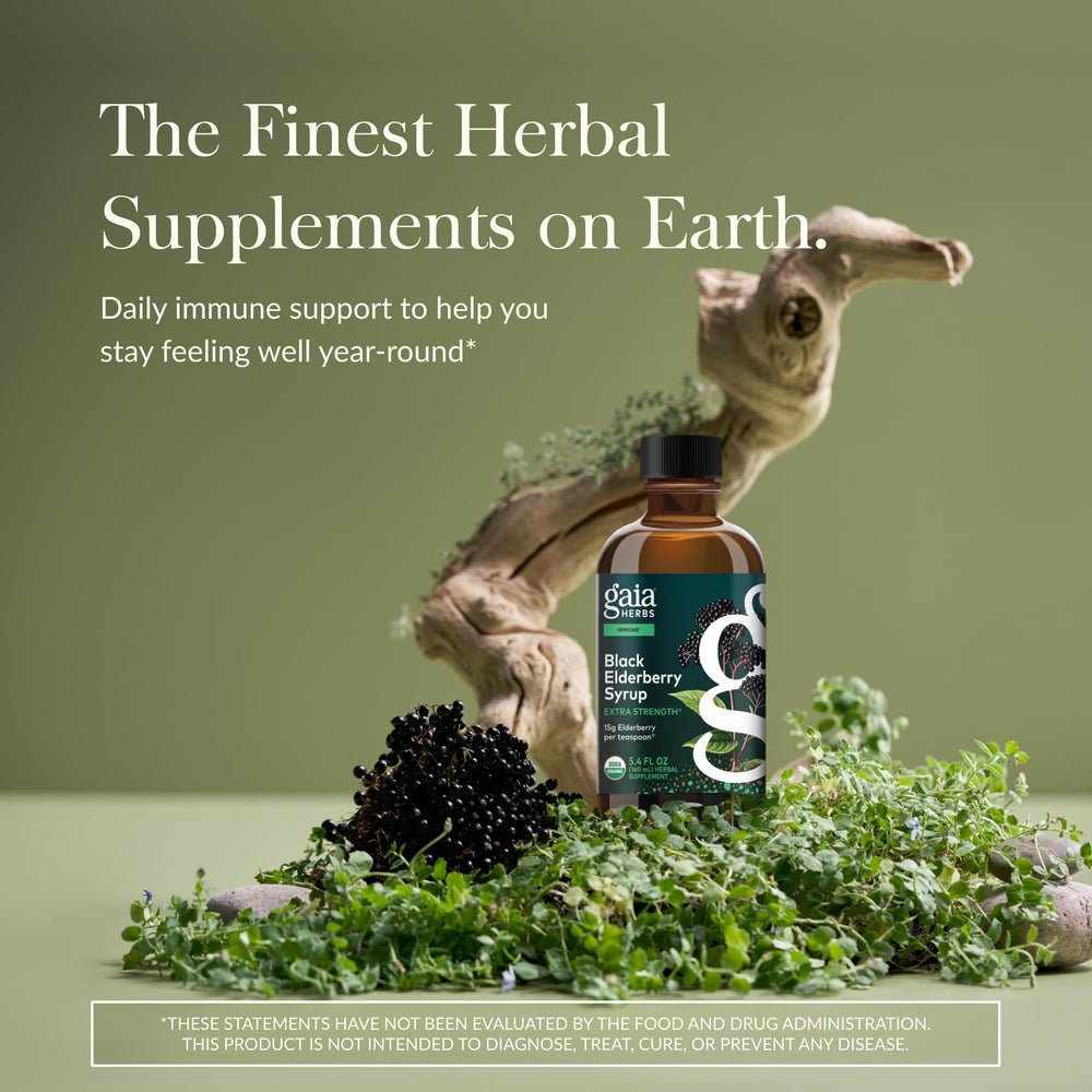 Pouring Gaia Herbs elderberry syrup shows a smooth, flavorful daily ritual.