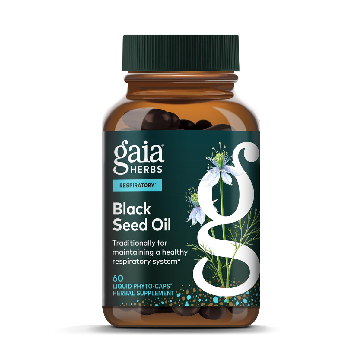 Gaia Herbs Black Seed Oil capsules bottle showing the vegan capsules for respiratory support