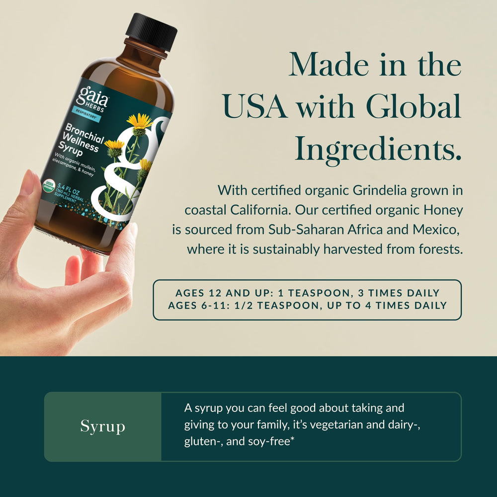 Gaia Herbs Bronchial Wellness Syrup honey blend for soothing throat comfort.