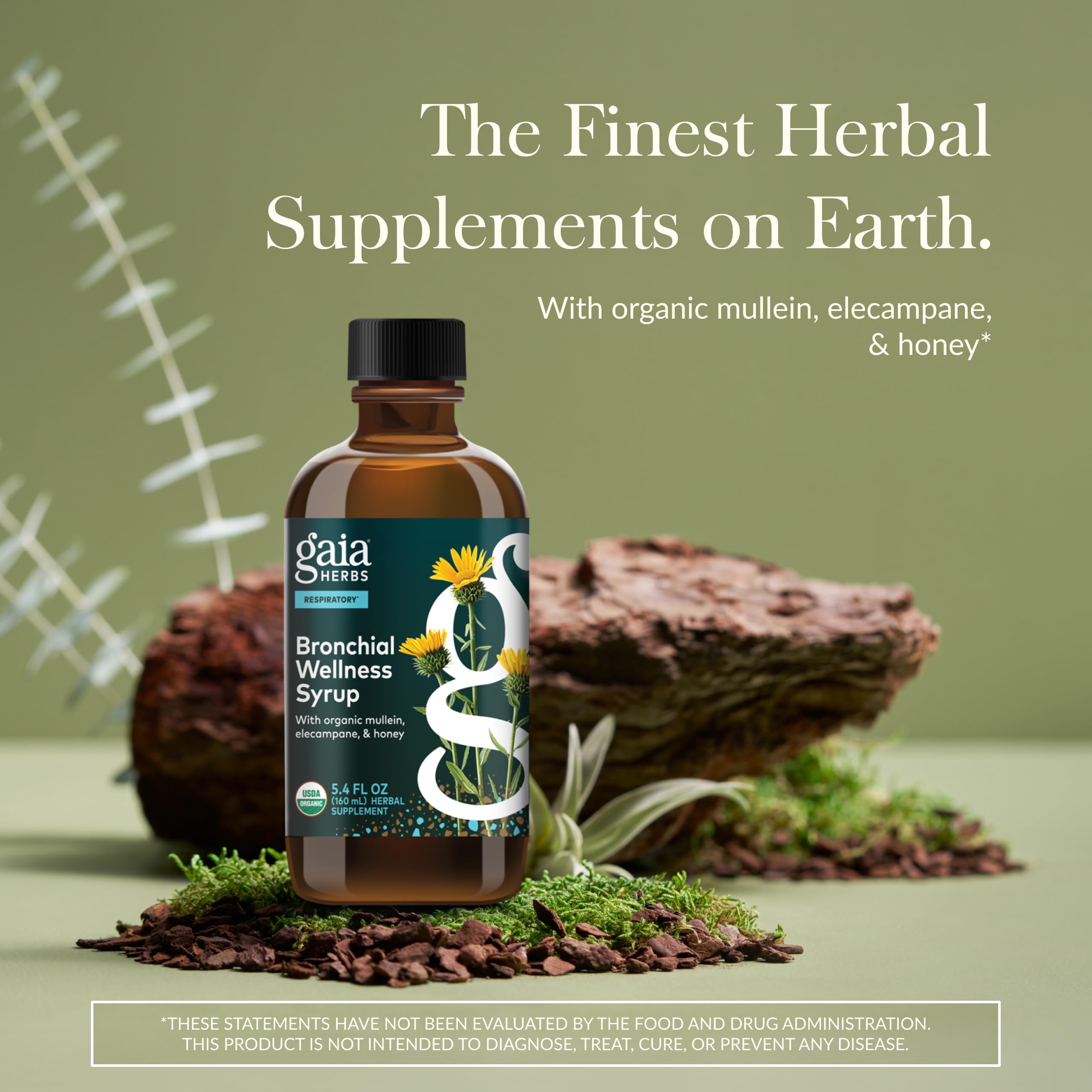 Ga ia Herbs Bronchial Wellness Syrup label highlighting natural ingredients and allergen-free formula.