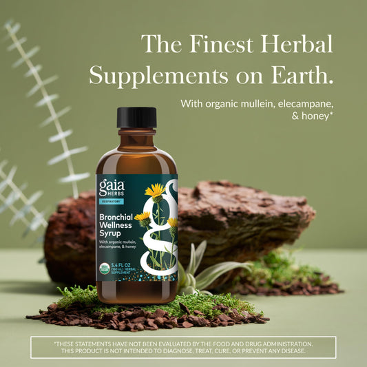 Ga ia Herbs Bronchial Wellness Syrup label highlighting natural ingredients and allergen-free formula.