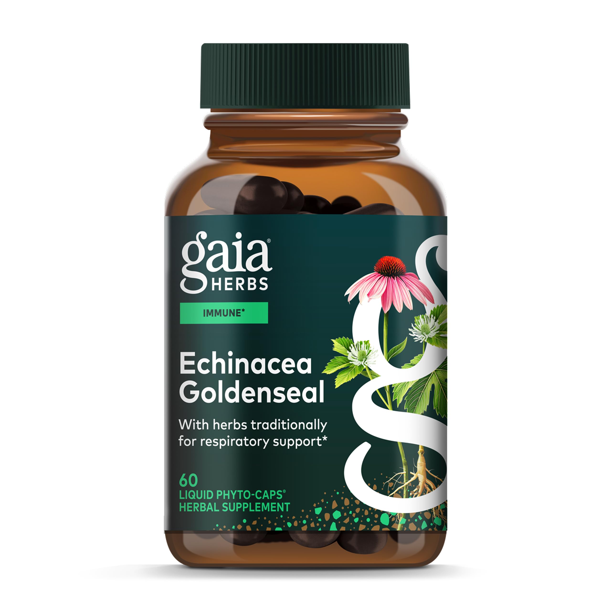 Gaia Herbs Echinacea Goldenseal bottle front with 60 vegan capsules for immune support