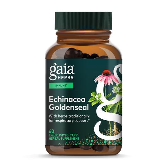 Gaia Herbs Echinacea Goldenseal bottle front with 60 vegan capsules for immune support