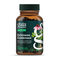 Gaia Herbs Echinacea Goldenseal bottle front with 60 vegan capsules for immune support