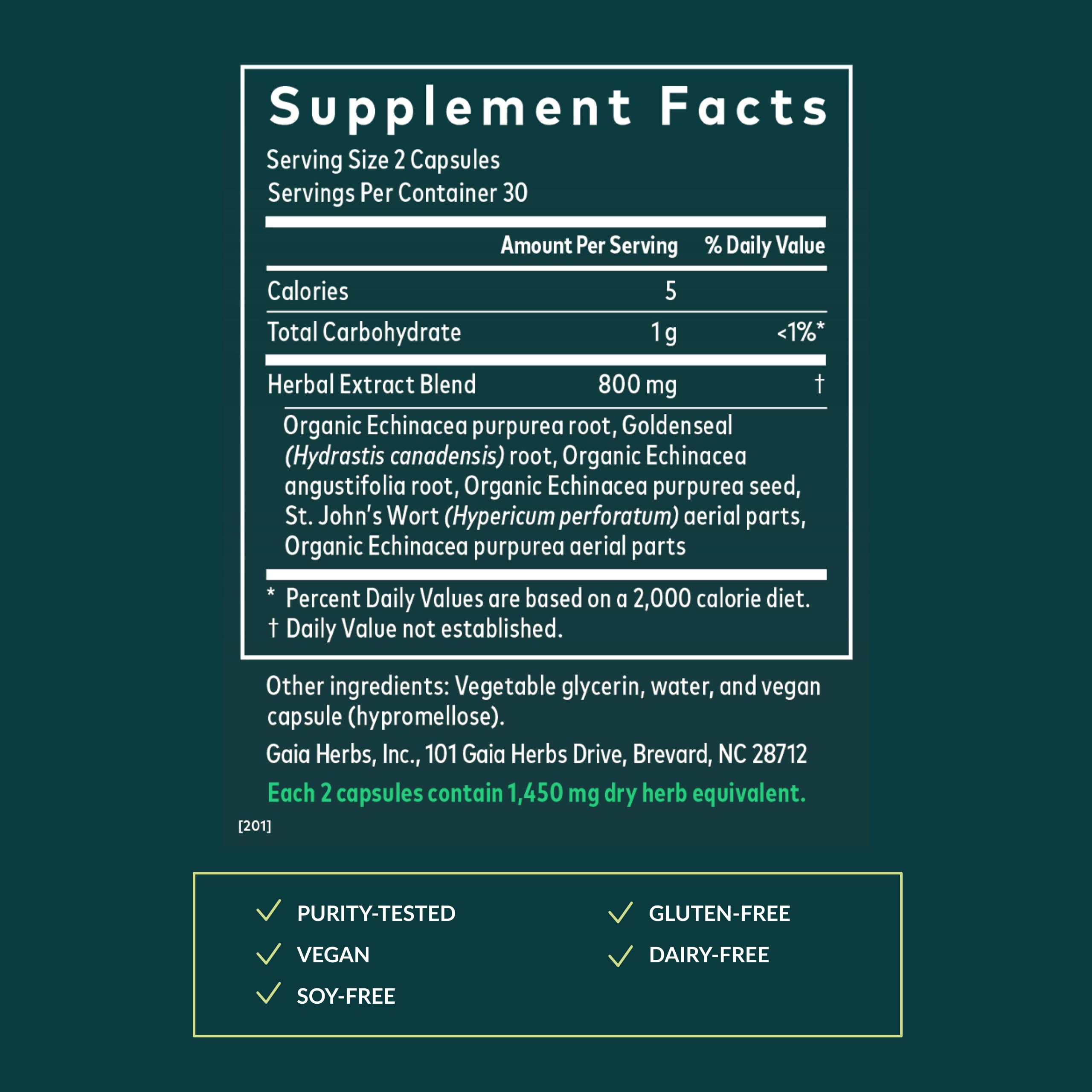 Gaia Herbs Echinacea Goldenseal capsules close-up highlighting herbal blend for respiratory support