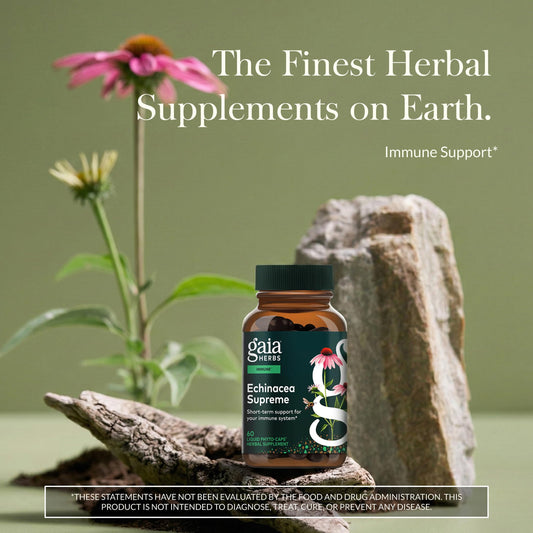Gaia Herbs Echinacea Supreme bottle side showing capsule count and serving details.