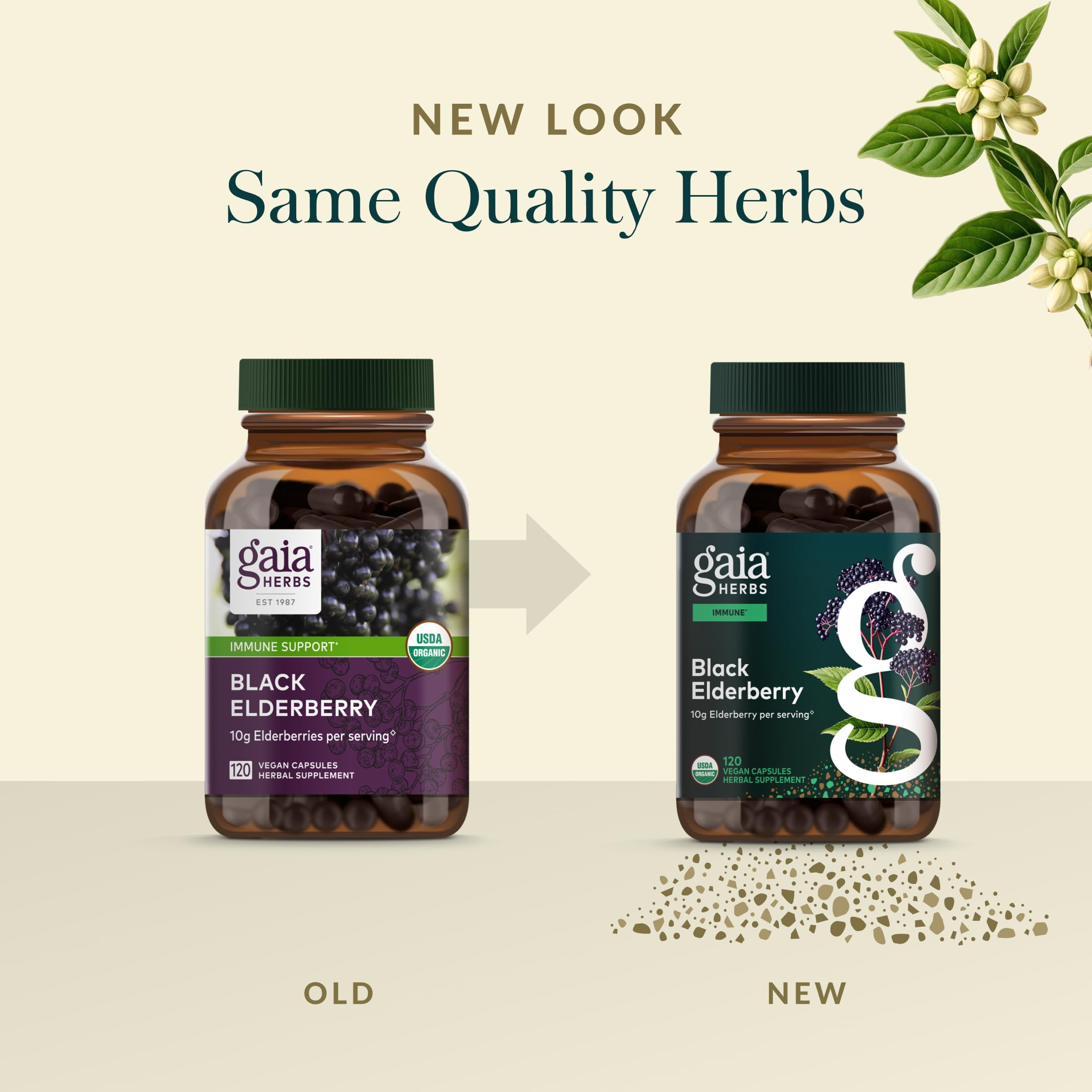 Gaia Herbs Elderberry capsules pour shot suggests easy daily dosing