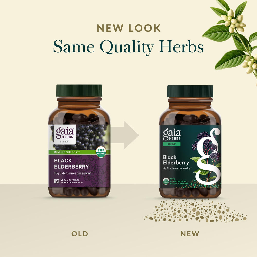 Gaia Herbs Elderberry capsules pour shot suggests easy daily dosing