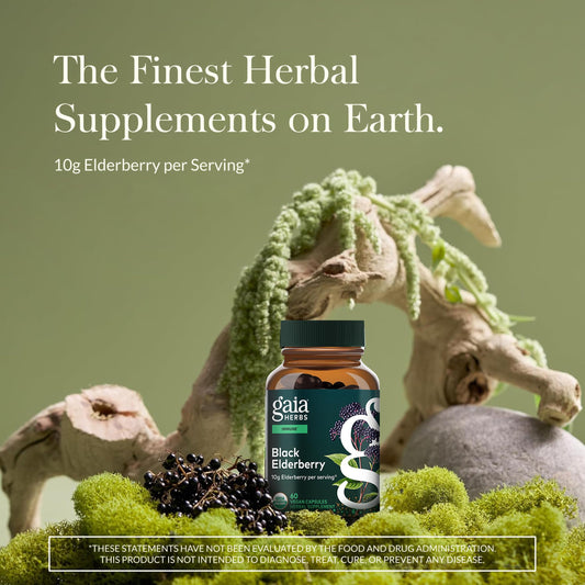 Gaia Herbs elderberry capsules, vegan daily supplement for antioxidant support.